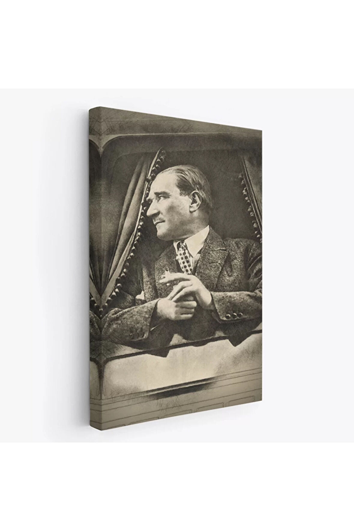 Mustafa Kemal Atatürk'ün Karakalem Görünümlü Portre Çizimi Dikdörtgen Dekoratif Kanvas Tablo-de-82