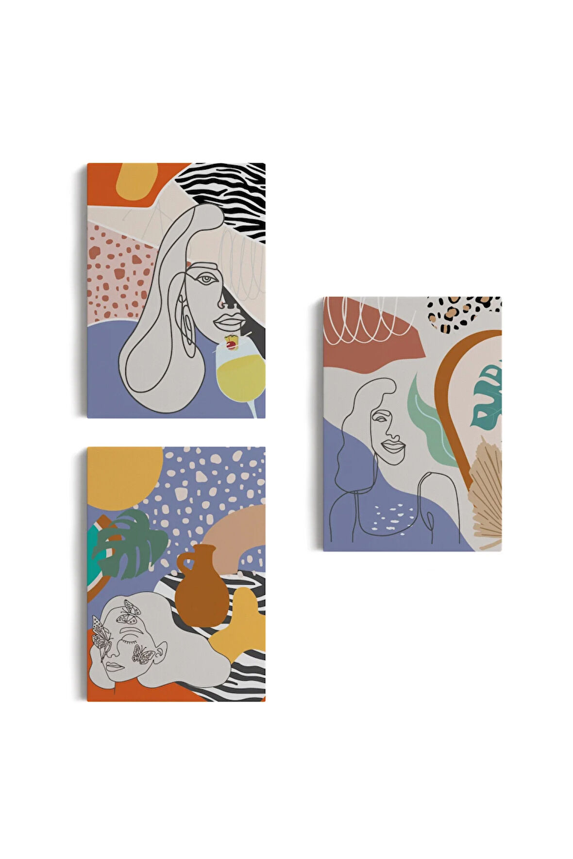 Zarif Kadın Fifürü Ve Yapraklar Temalı Dekoratif Duvar Tablosu Üçlü Set-du-98