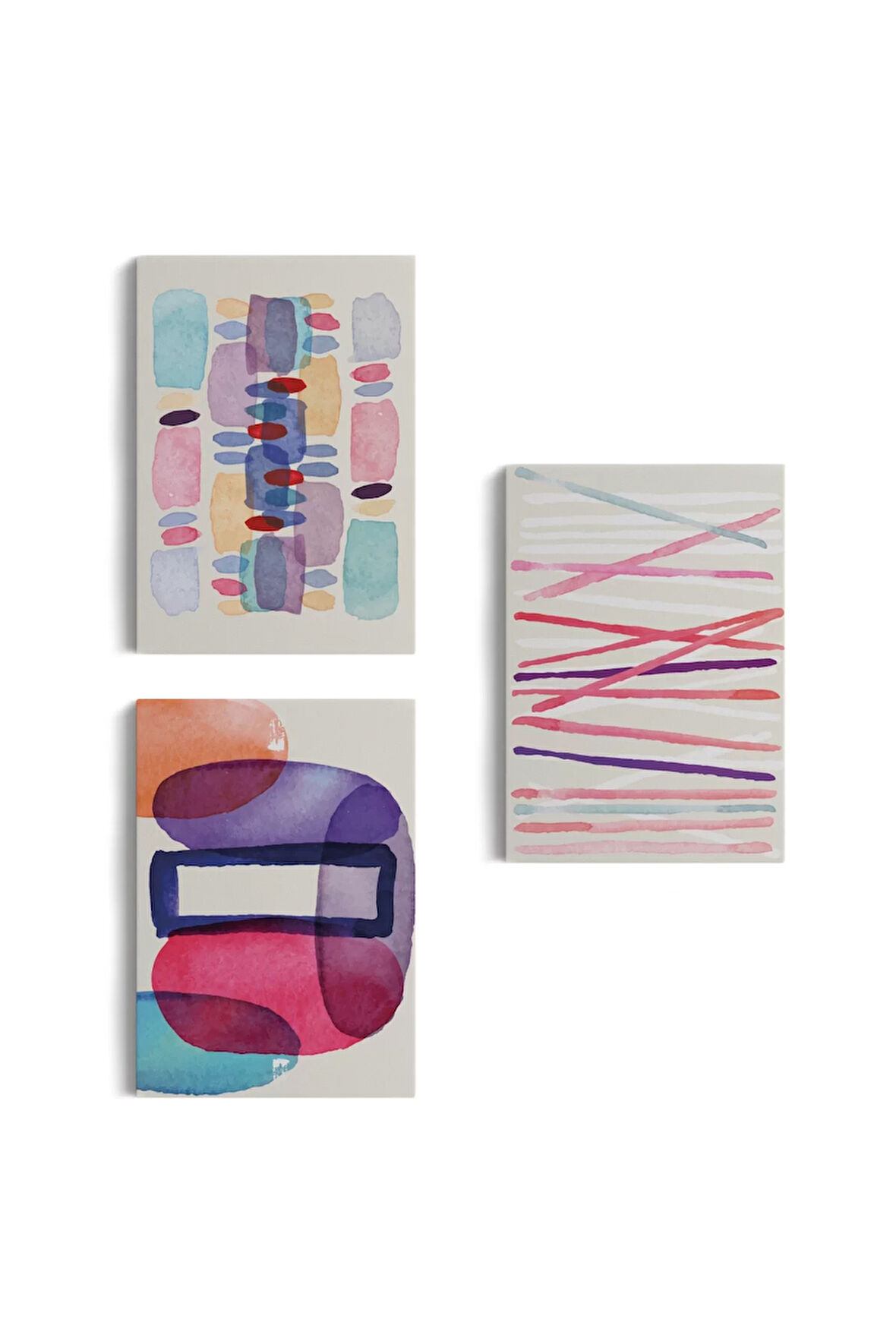 Suluboya Görünümlü Soyut Desenler  Duvar Tablosu Üçlü Set-dü-99