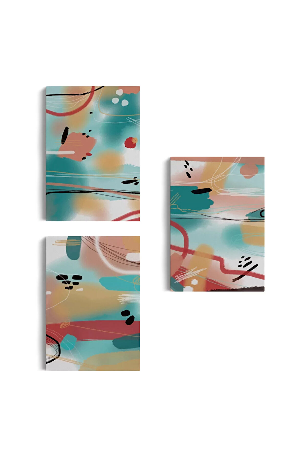 Suluboya Görünümlü Soyut Desenler  Duvar Tablosu Üçlü Set-ee-104