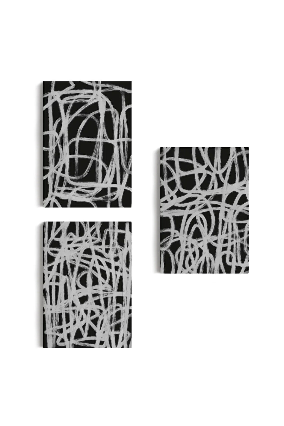 Siyah Zemin Üzerine Beyaz Şekiller Dekoratif Duvar Tablosu Üçlü Set-eü-121