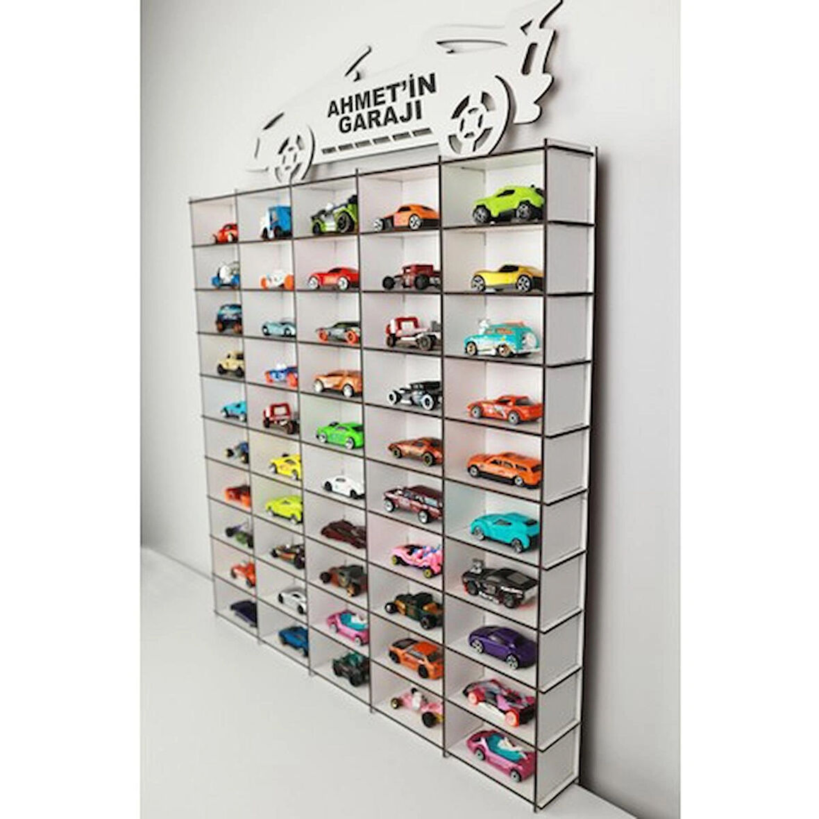 Lucent Tasarım 50'li ahşap oyuncak (hotweels ve9+ matchbox) araba rafı 