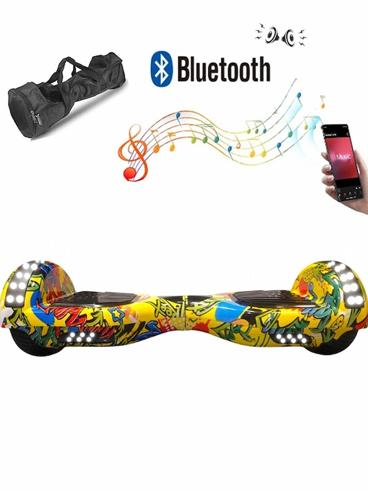 CityMate Elektrikli Kaykay Full Ledli Hoverboard D-21 Bluetooth Hoparlörlü 6.5 Inch Desenli Çanta Hediye