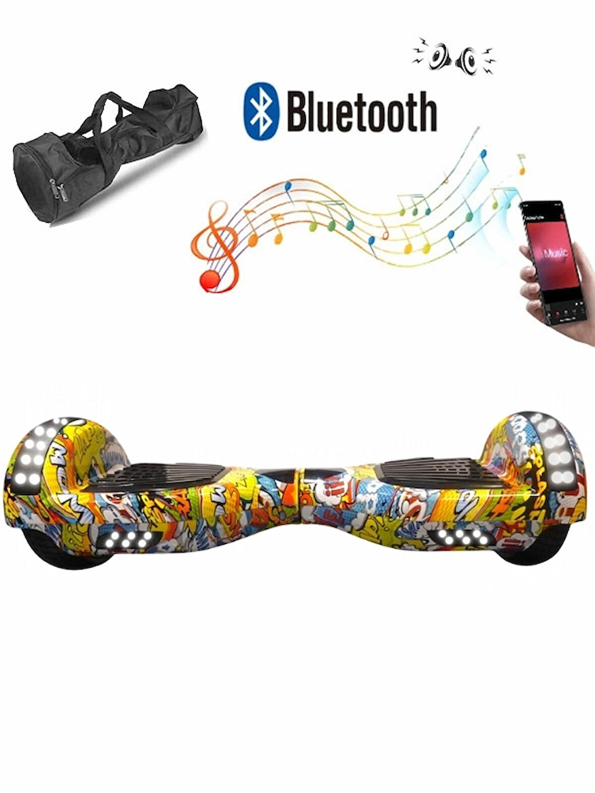 CityMate Elektrikli Kaykay Full Ledli Hoverboard D-25 Bluetooth Hoparlörlü 6.5 Inch Desenli Çanta Hediye