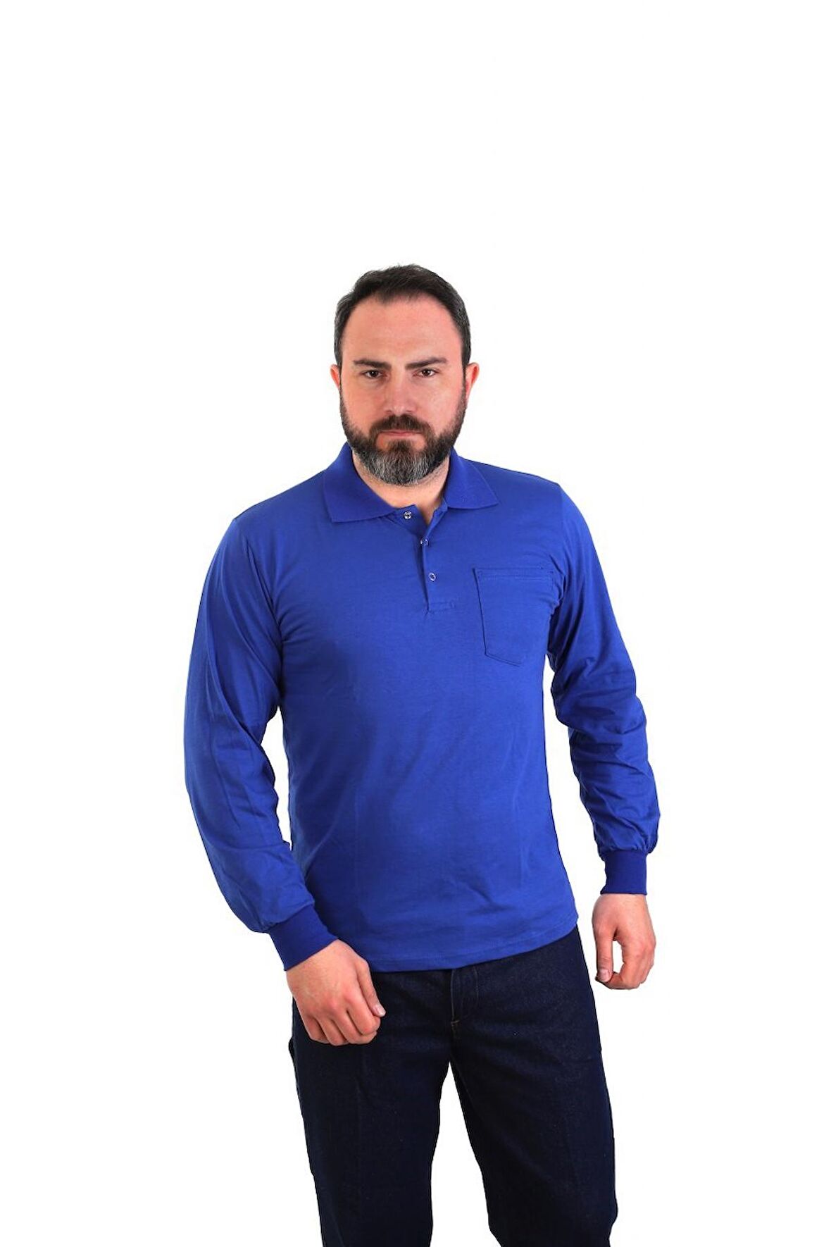 ESER - Polo Yaka Uzun Kol Penye İş Tişörtü - Cepli - Saks Mavi