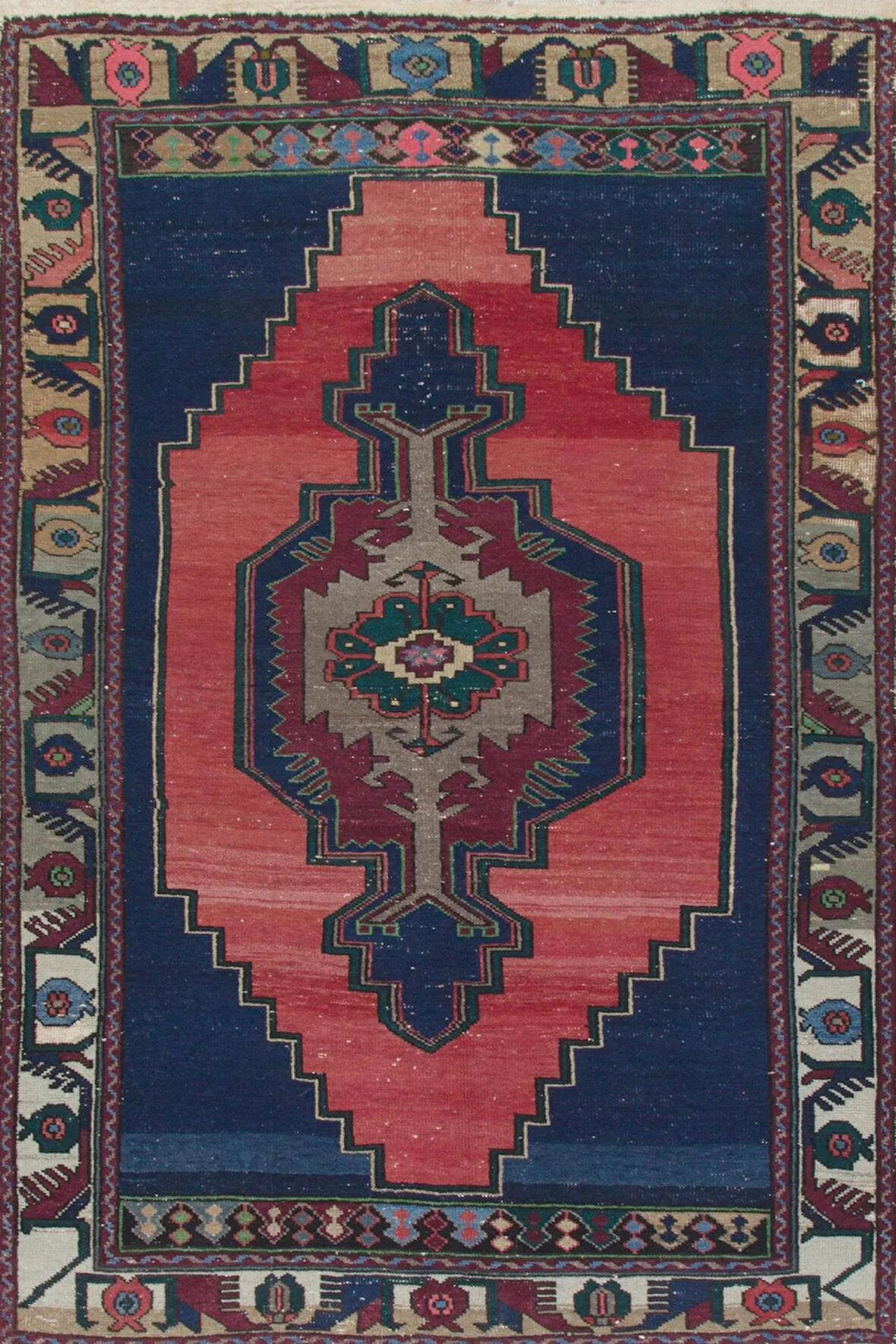134x222 cm Eski El Yapımı Türk Halısı. Lacivert, Kırmızı, Yeşil Gri