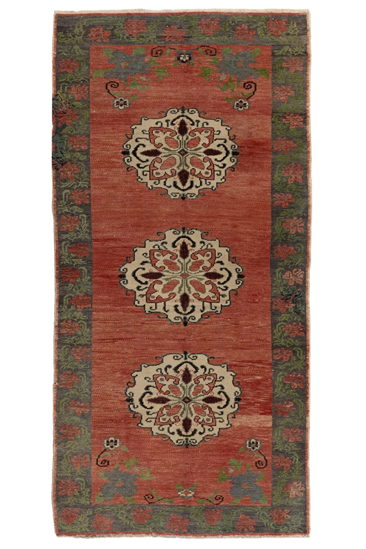 138x281 cm Eski Karapınar Yolluk, Soft Kırmızı, Yeşil, Bej ve Gri Renklerde, %100 Yün