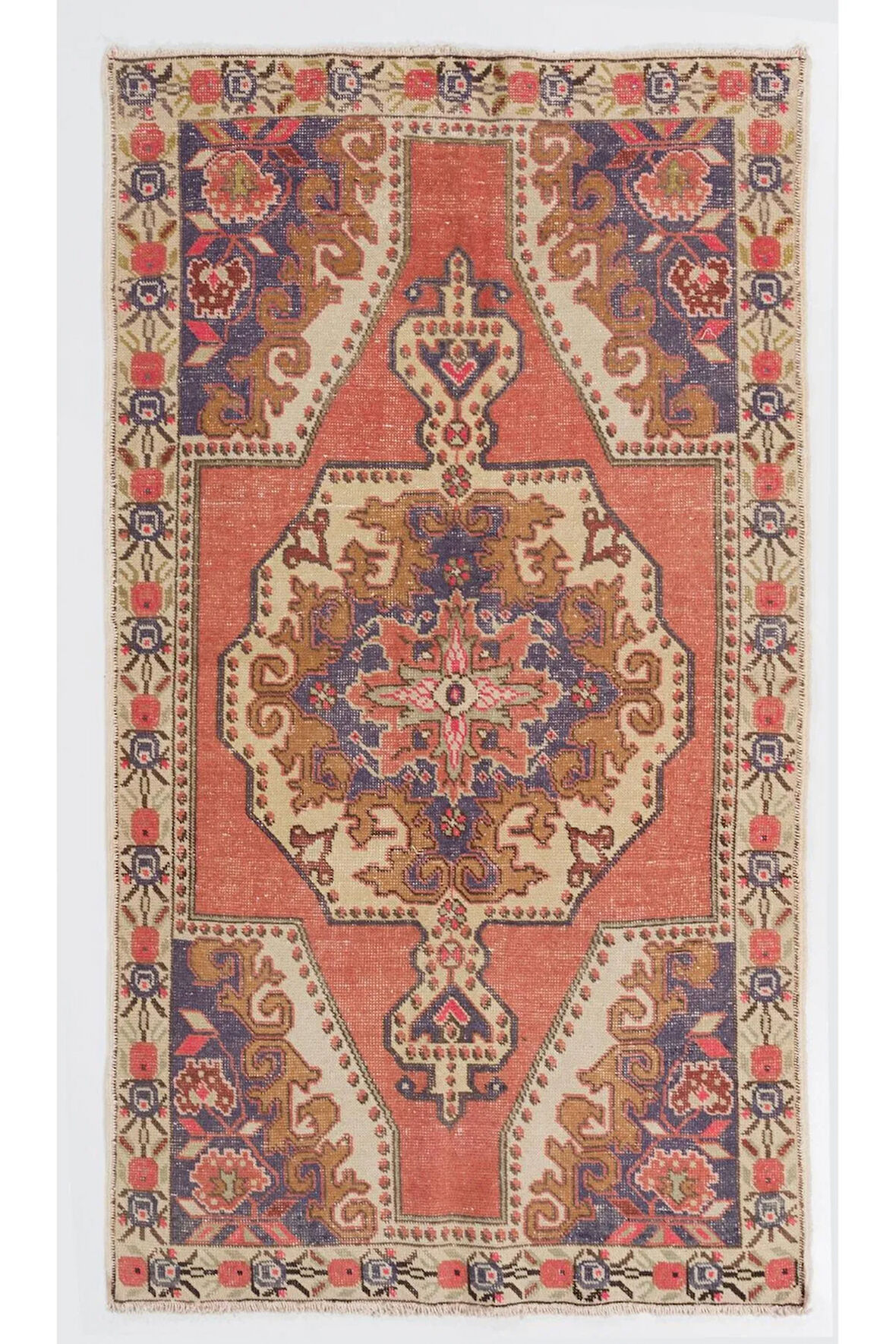 123x217 cm Eski El Düğümlü Kabile Yün Alan Halısı. El Yapımı Türk Halısı