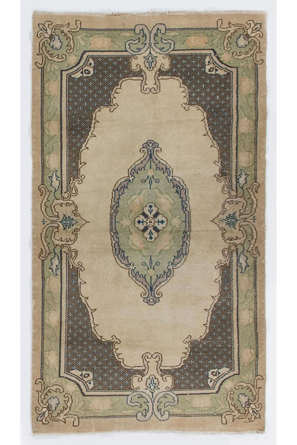 115x212 cm Bej Renklerde Eski El Yapımı Halı, Yünlü Oturma Odası Halısı,