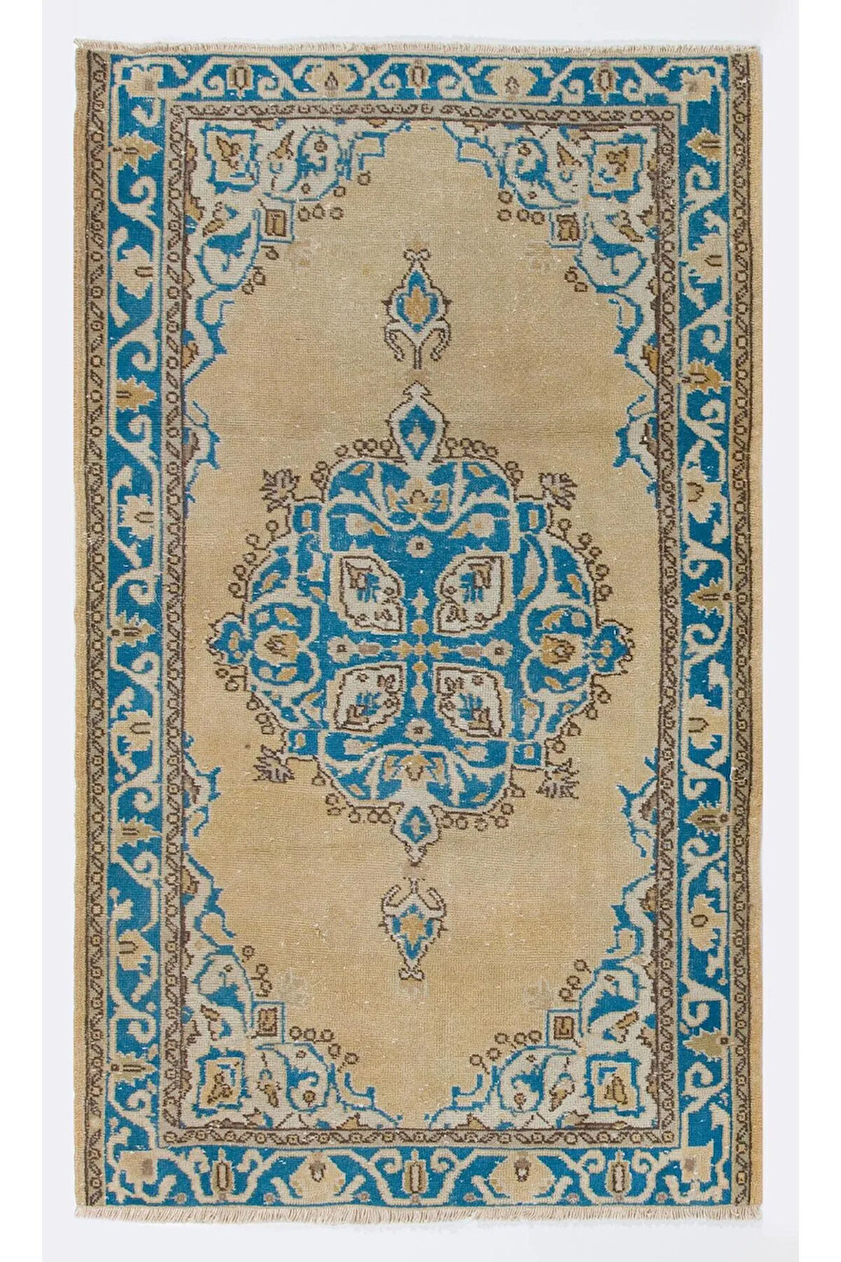 122x203 cm Bej, Krem ve Mavi Renklerde Eski El Dokuma Türk Uşak Halısı