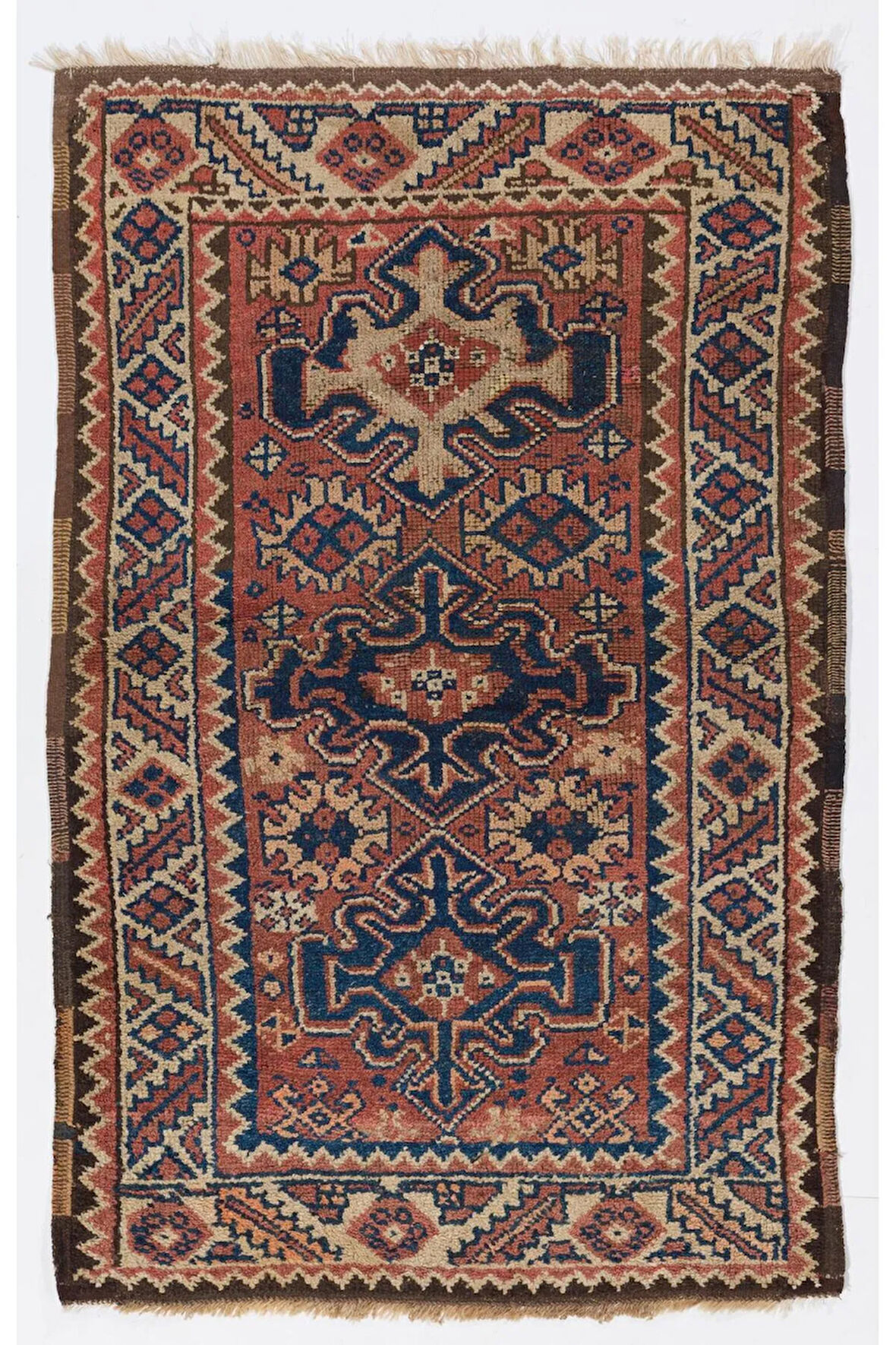 122x182 cm Geometrik Üç Madalyonlu Eski Yaşlı El Yapımı Anadolu Yün Halısı