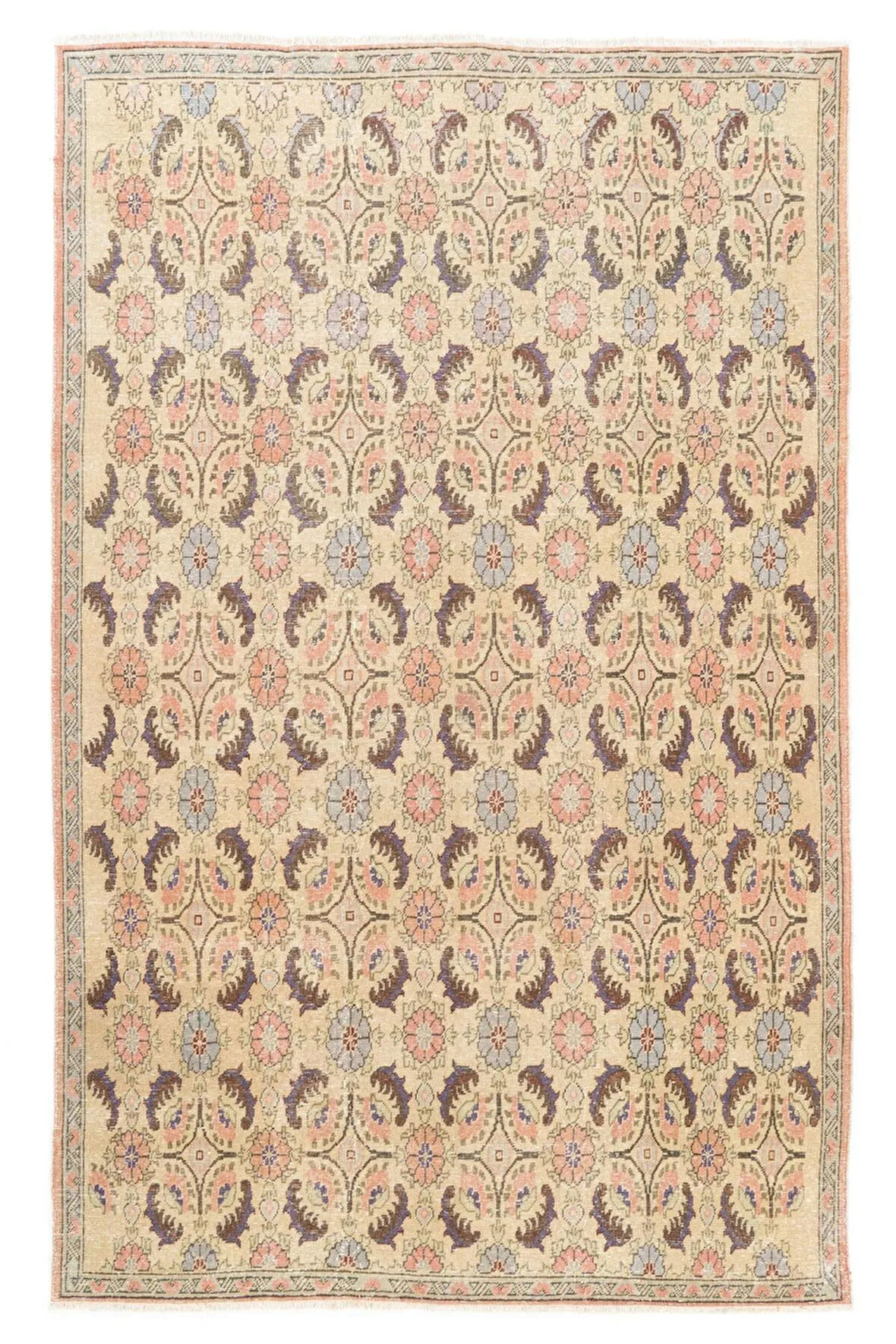 196x306 cm Eski Yumuşak Renklerde Çiçekli 20.Yüzyıl'dan Türk Halısı, El Yapımı Yünlü Halı