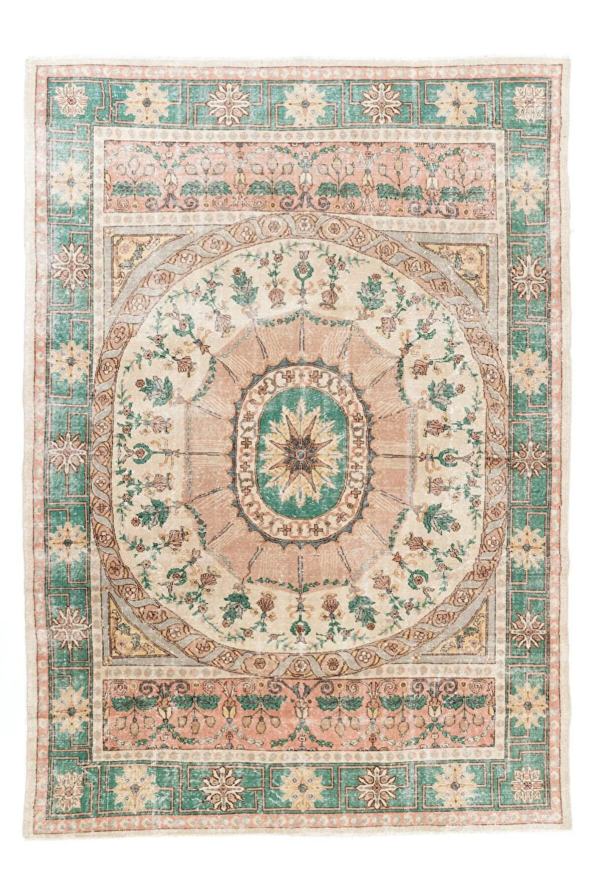 253x360 cm Türünün Tek Örneği Eski El Düğümlü Avrupa Halısı, %100 Yün, El Yapımı Otantik Halı
