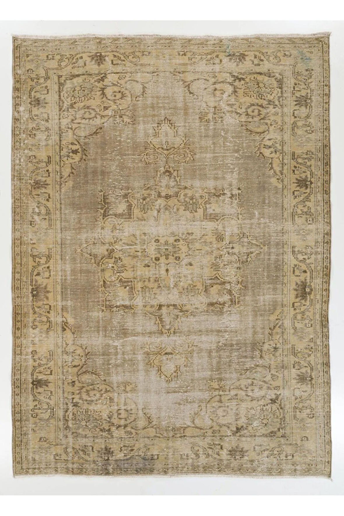 217x293 cm Kum ve Taupe Eski El Düğümlü Türk Uşak Halısı, El Yapımı Ev Dekor Halı
