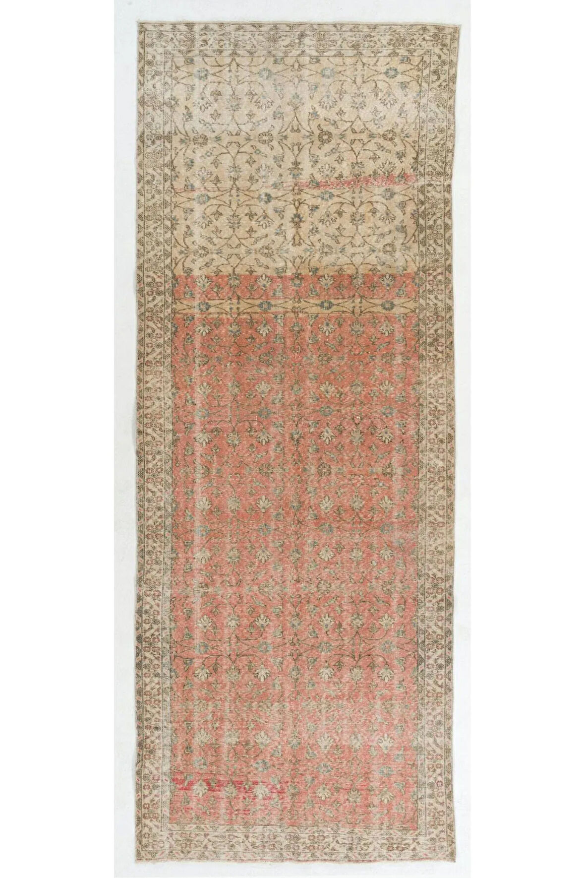 146x388 cm Eski El Yapımı Anadolu Yolluk Uzun Halı - Soluk Kırmızı ve Bej Renkler