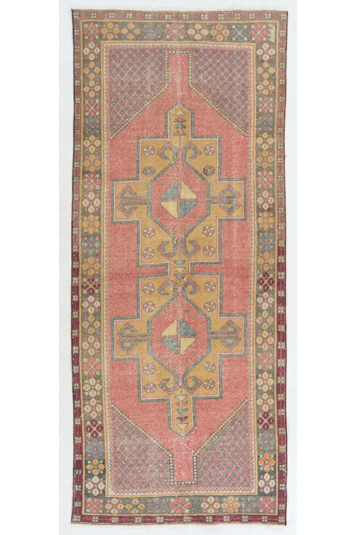 110x263 cm Eski El Yapımı Türk Köy Halısı, Yumuşak Kırmızı, Hardal Sarısı, Yeşil, Gri
