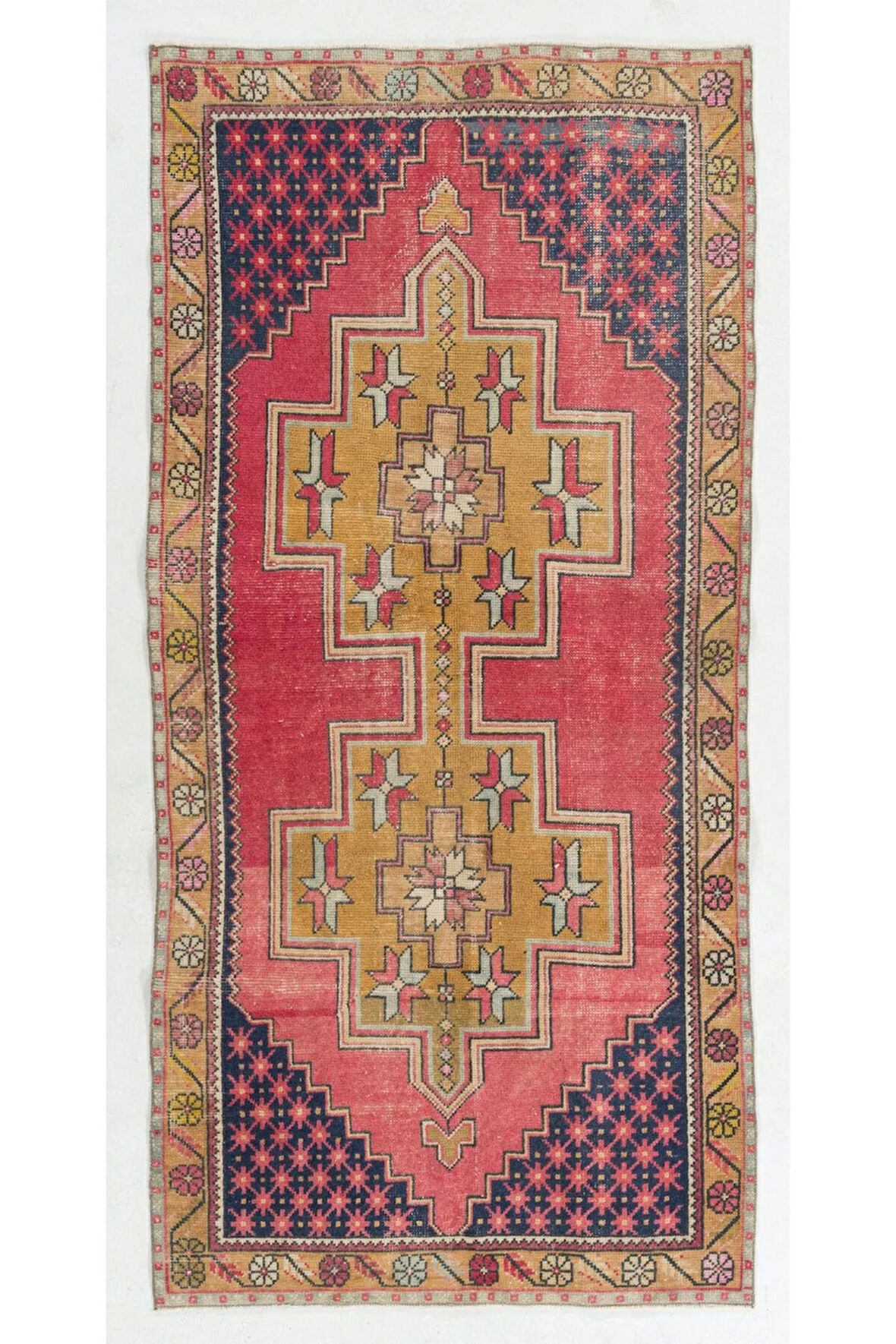 128x262 cm Yünlü Eski El Düğümlü Türk Halısı, El Yapımı Halı