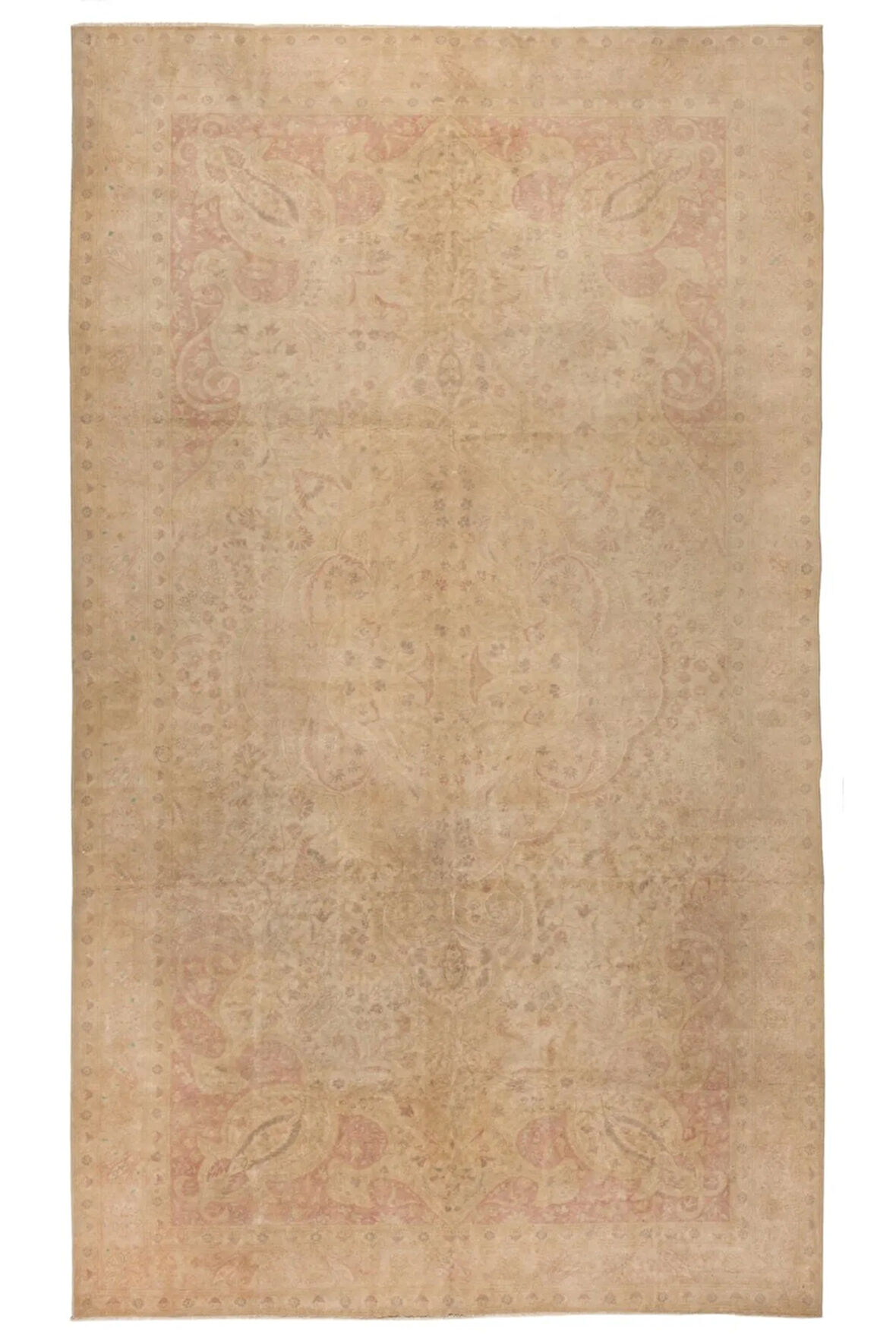 243x384 cm Bej Renklerde İnce İpeksi Sivas Halısı, Eski El Dokuması Yün Türk Halısı