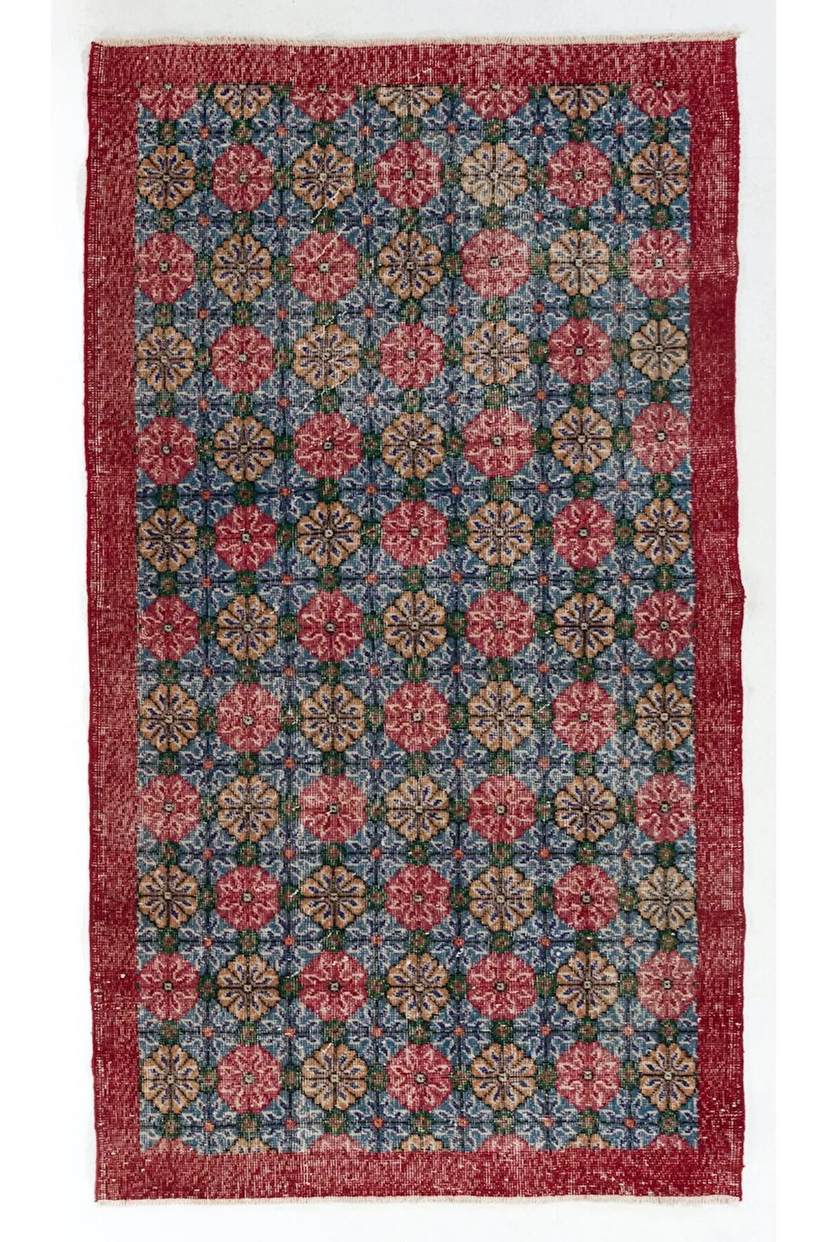 118x209 cm Kırmızı ve Mavi Eski El Düğümlü Çiçekli Halı