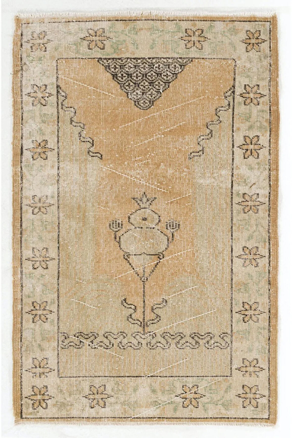 80x128 cm El Yapımı Türk işi Halı (Yastık veya Koltuk Örtüsü, Paspas), Eski El Düğümlü Bej Halı