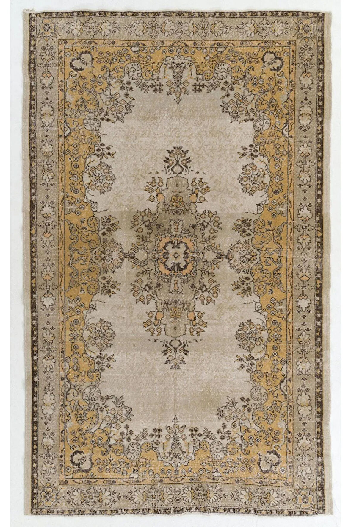 203x322 cm Açık Gri, Kahverengi, Pas ve Bej Renklerinde İnce Eski  El Yapımı Türk Halısı.