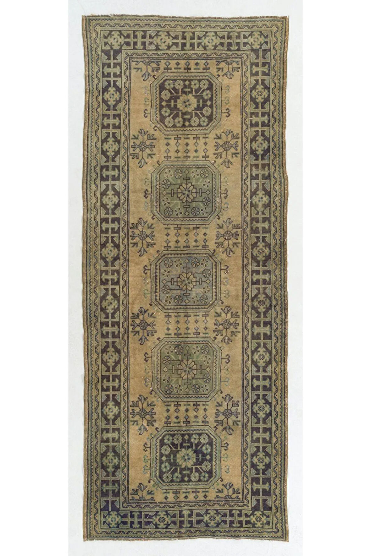 130x344 cm Eski El Yapımı Anadolu Uşak Yolluk Halısı. Koridor için El Düğümlü Yün Halı