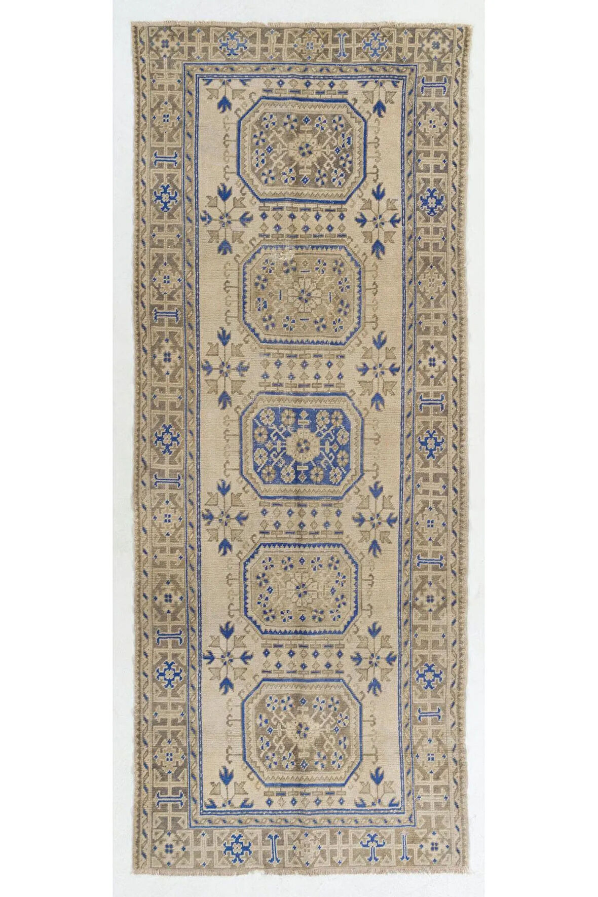 144x360 cm Eski El Yapımı Anadolu Uşak Yolluk Halısı. Koridor için Yün El-Düğümlü Halı
