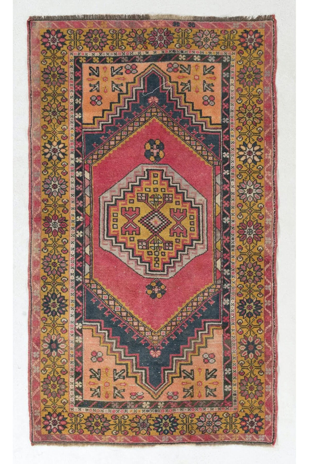 118x205 cm Otantik El Yapımı Eski Türk Köy Halısı, Geleneksel Eşsiz El Dokuma Yünlü Halı