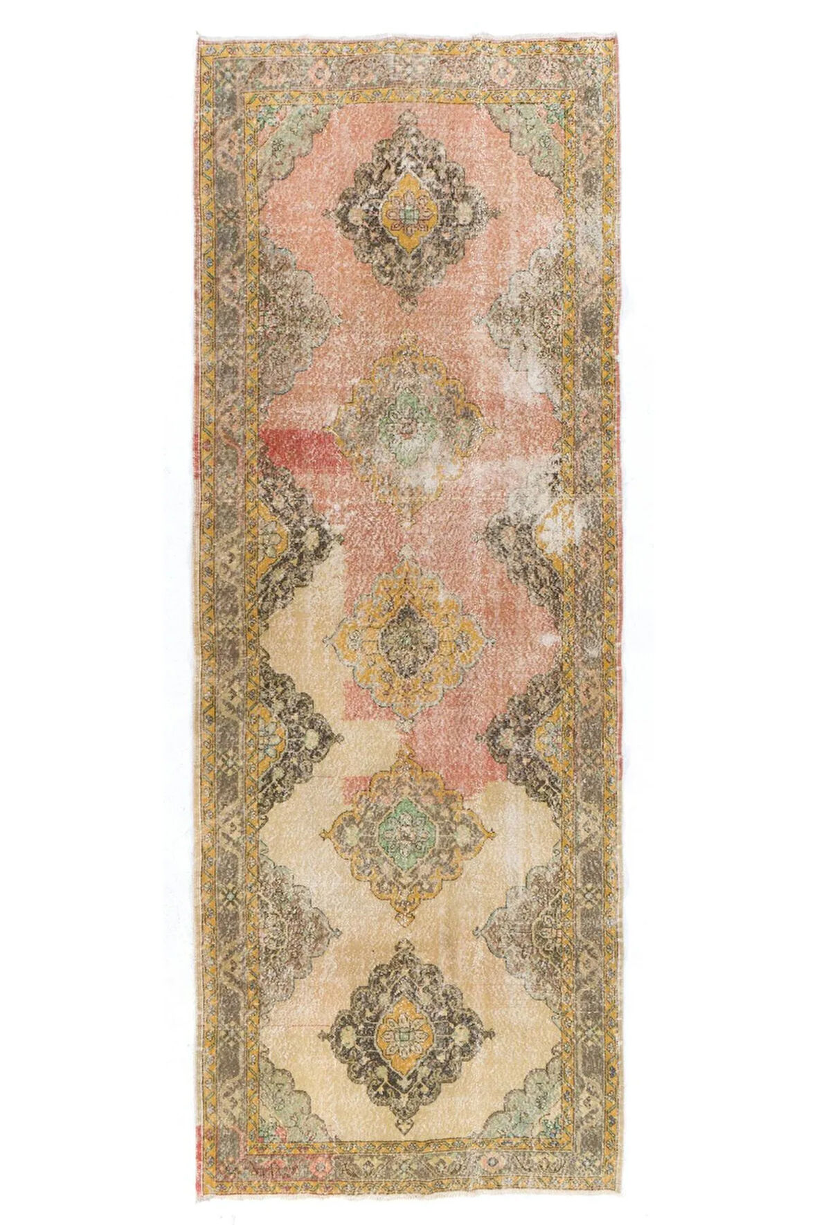 140x392 cm Eşsiz Türk Yolluk Halı, 1950'lerde Yapıldı. Koridor dekoru için el yapımı Yün Halı