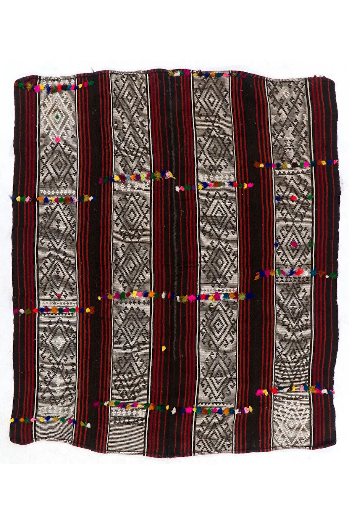 204x240 cm Çok Renki Ponponlu El Dokuma Eski Kilim (Düz Dokuma)