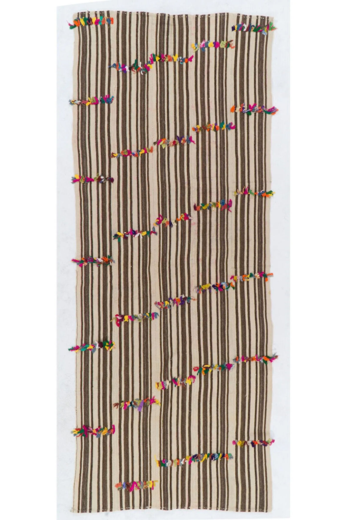 135x340 cm Düz Dokuma Eski Çizgi Desenli Kilim, Düz Dokuma Kilim, Çok Renkli Ponponlu Kilim