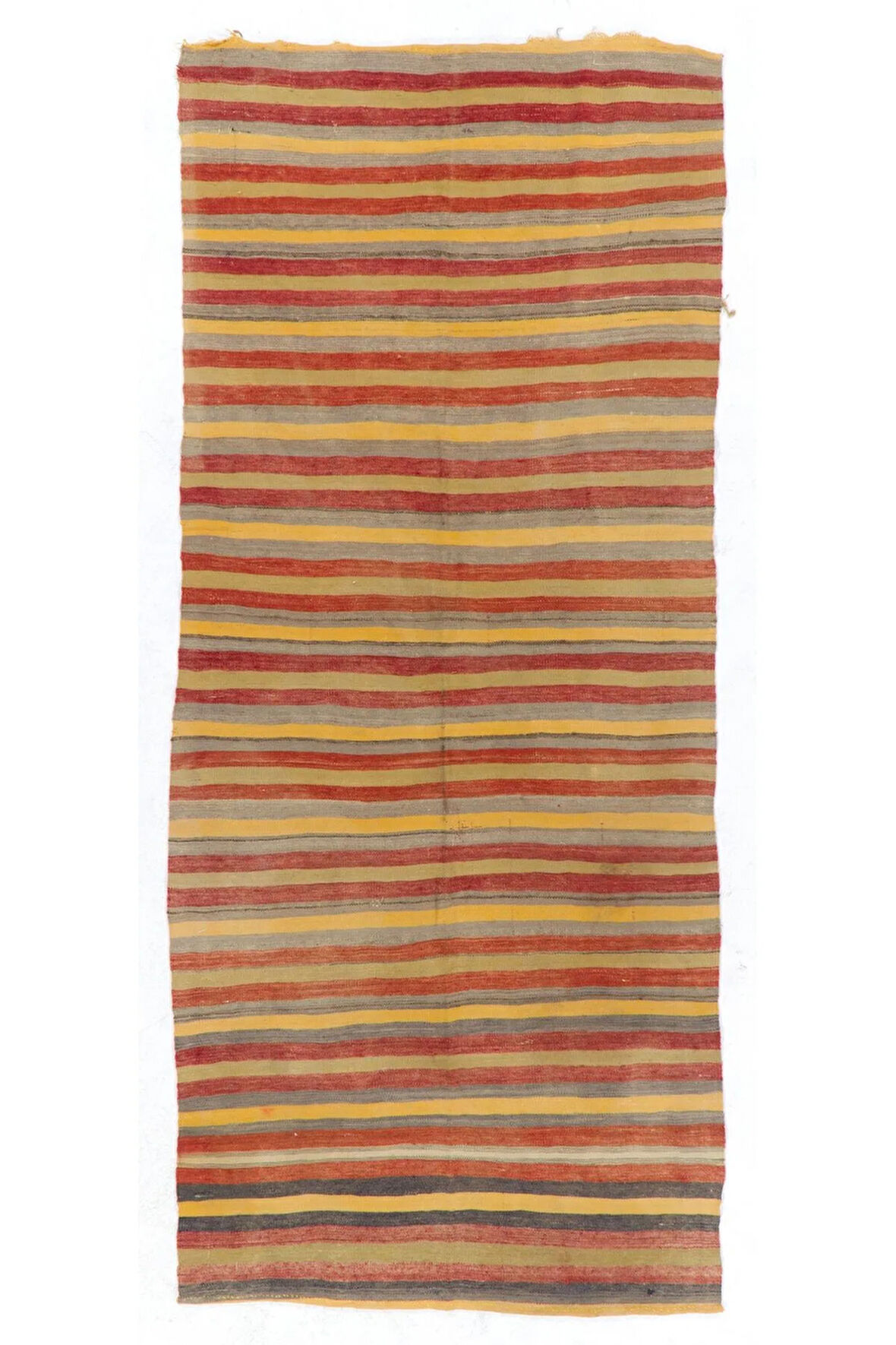123x280 cm Sarı, Kırmızı ve Gri Çizgili Çizgili Eski El Dokuması Kilim Yolluk, %100 Yün Halı