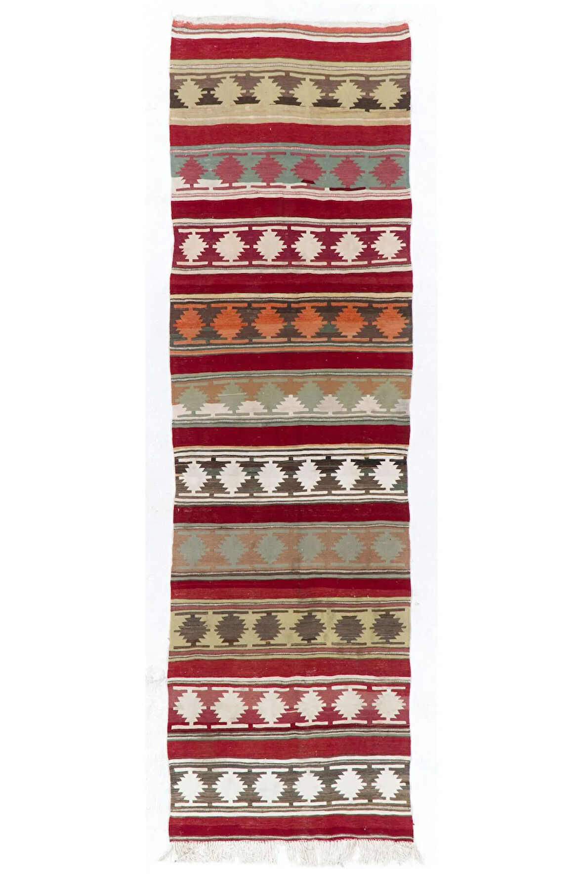 102x328 cm Geometrik Tasarımlı El Dokuma Eski Anadolu Yolluk Kilim Halı (Düz Dokuma)