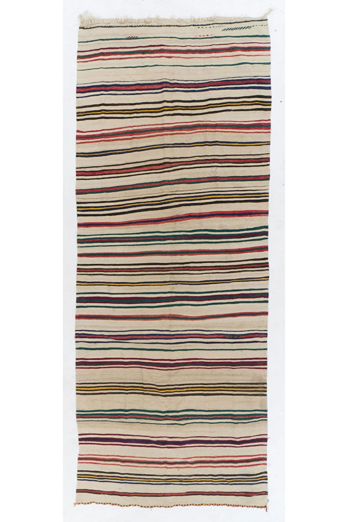 150x403 cm El Dokuma Eski Yolluk Kilim. Çizgili Düz Dokuma Halı. %100 Yün. Çift Yönlü