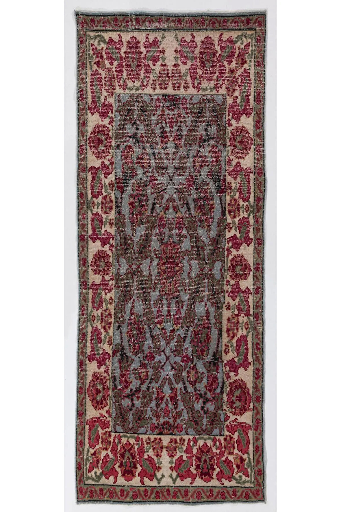 100x250 cm Gök Mavisi Zemin Üzerinde El Yapımı Çiçekli Batı Anadolu Koşucusu