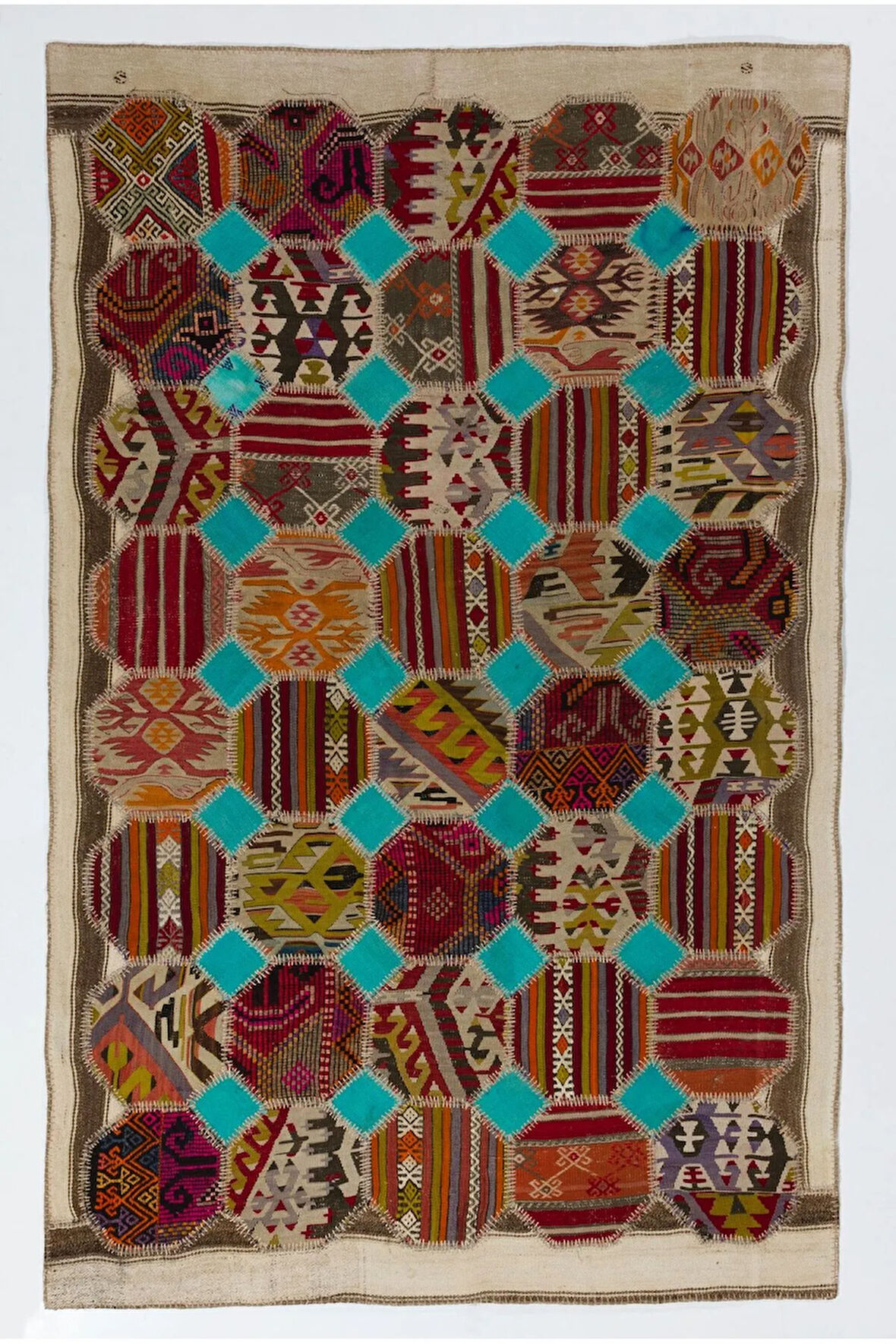 167x264 cm Eski El Yapımı Türk Patchwork Kilim. Düz Dokuma Kilim
