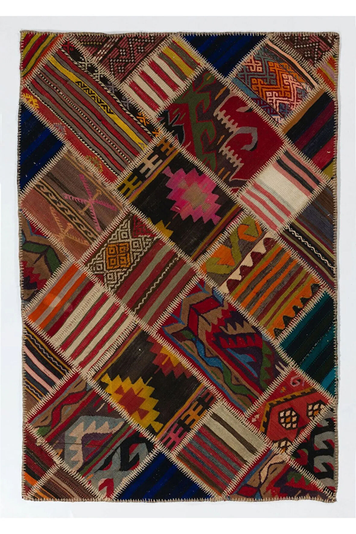 123x183 cm Eski El Yapımı Türk Patchwork Kilim, Düz Dokuma Halı, Diğer Opsiyonları Mevcut