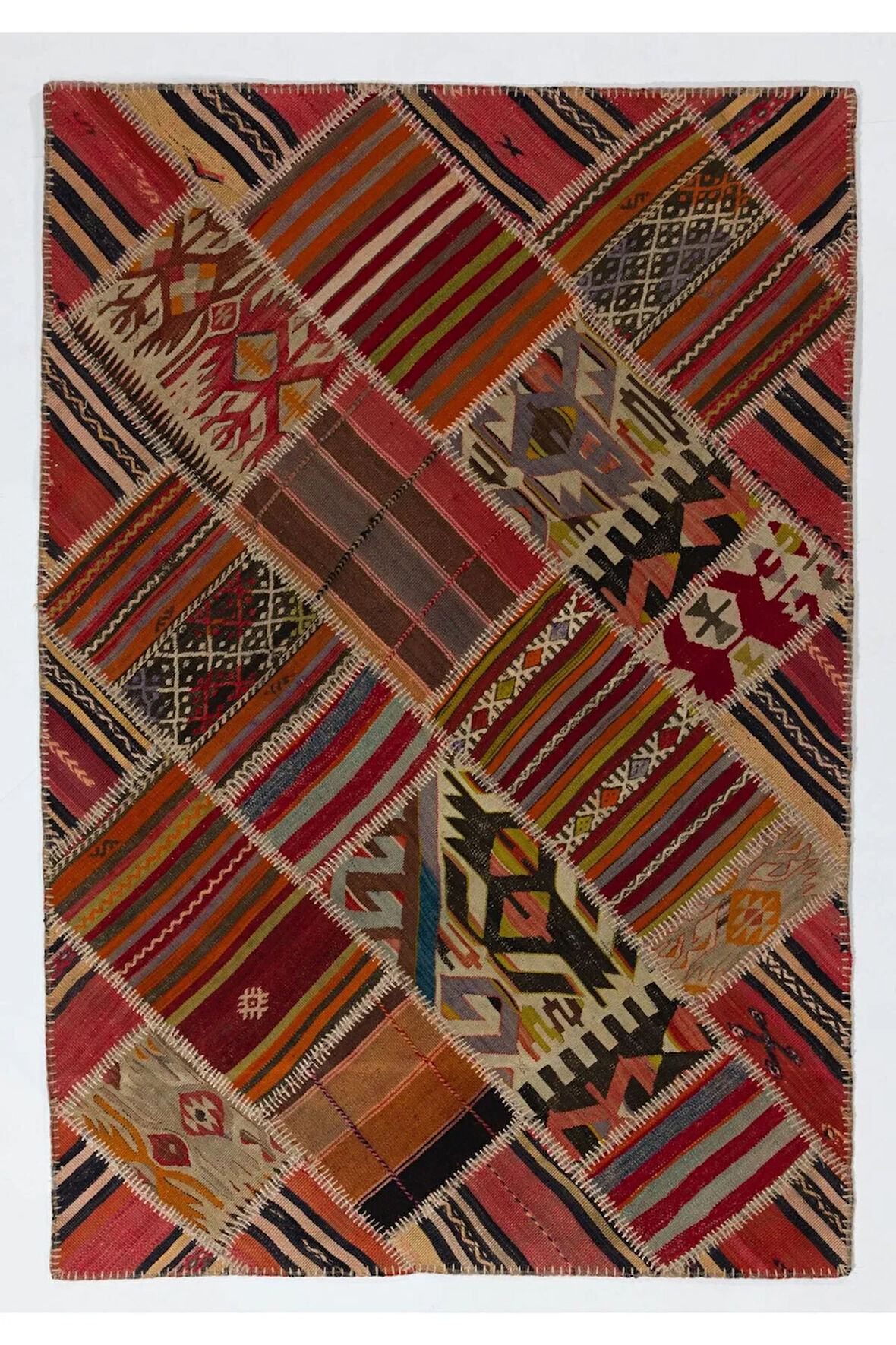 123x180 cm Eski El Yapımı Türk Patchwork Kilim, Düz Dokuma Halı
