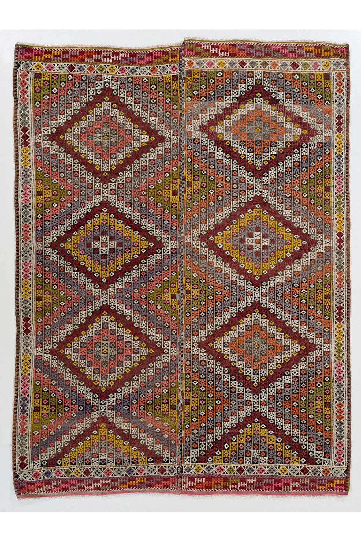182x240 cm Çok Renkli Geometrik Desenli Eski Dekoratif El Dokuması Cicim Kilim