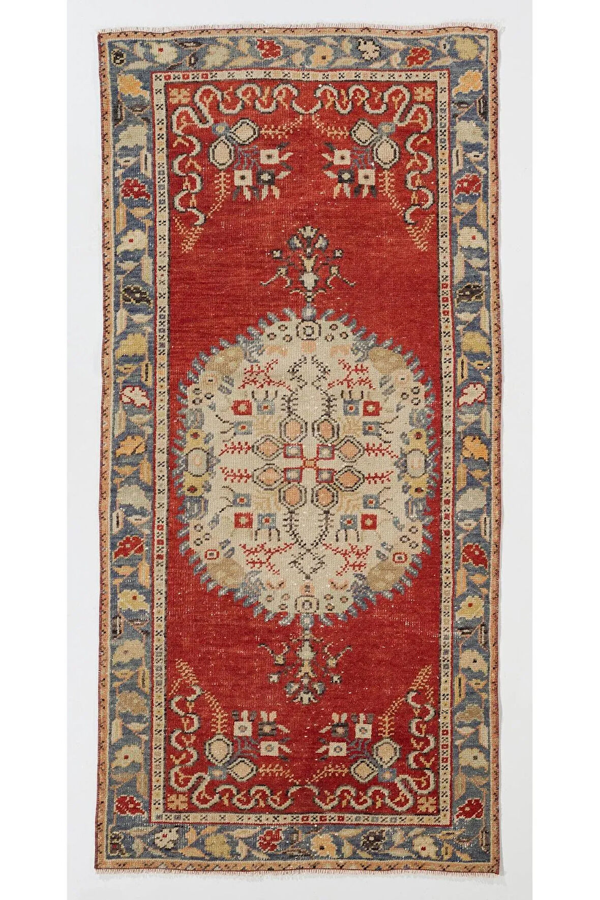 90x193 cm El Yapımı Eski Türk Köy Halısı, Eşsiz El Dokuma Halı