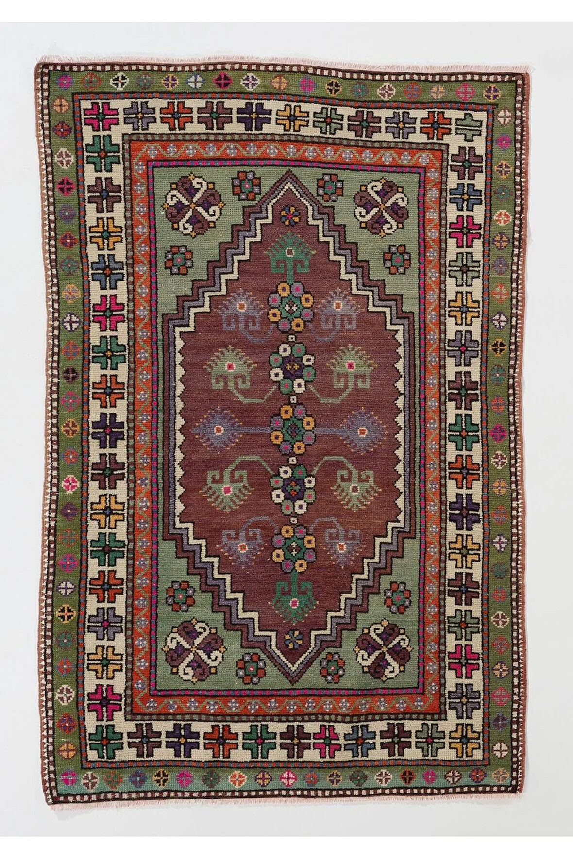 130x160 cm El Yapımı Eski Türk Köy Halısı, Eşsiz El Dokuma Halı