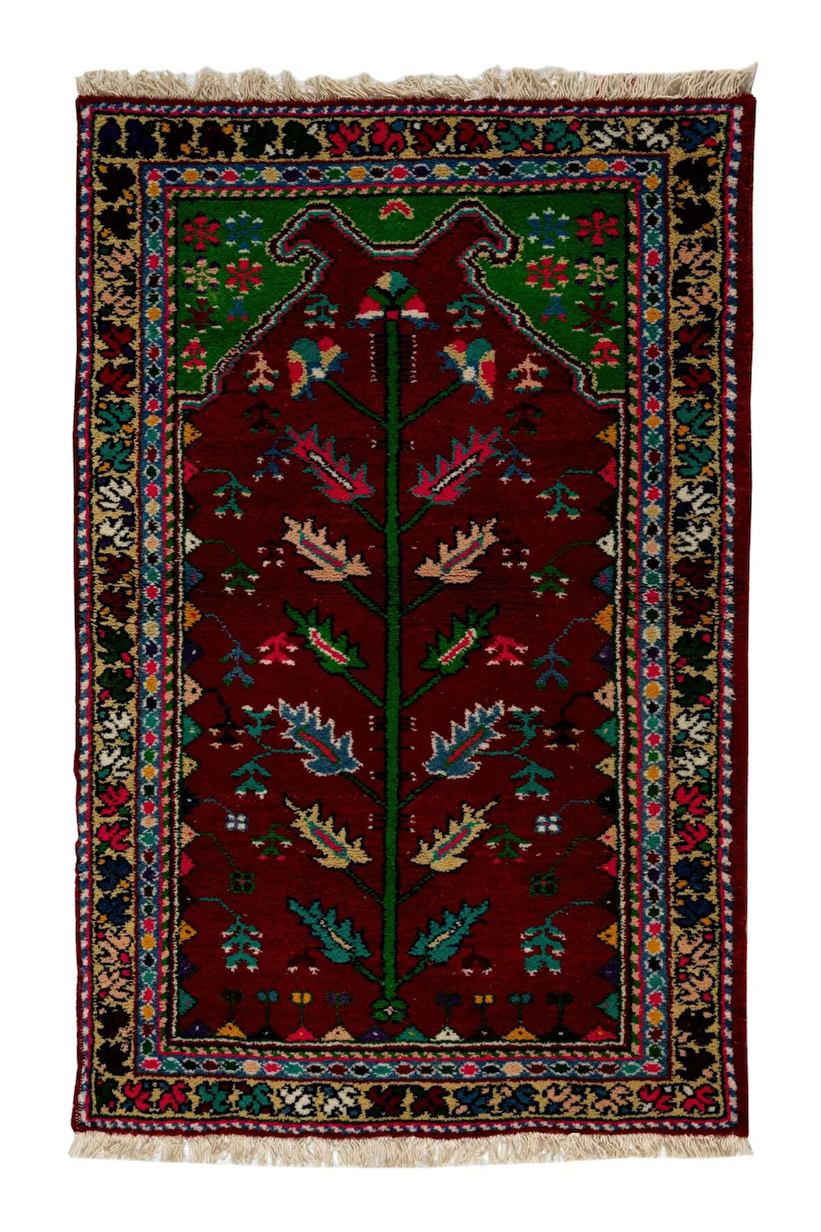 90x137 cm Bordo, Bej, Mavi ve Pembe Renkli Eski El Yapımı Halısı, El Düğümlü Halı