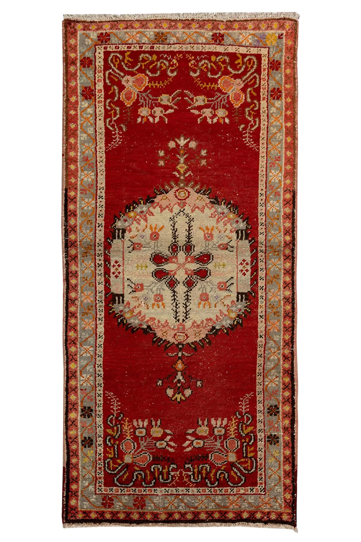 83x175 cm Kırmızı ve Bej Orta Yüzyıldan El Yapımı Eski Halı