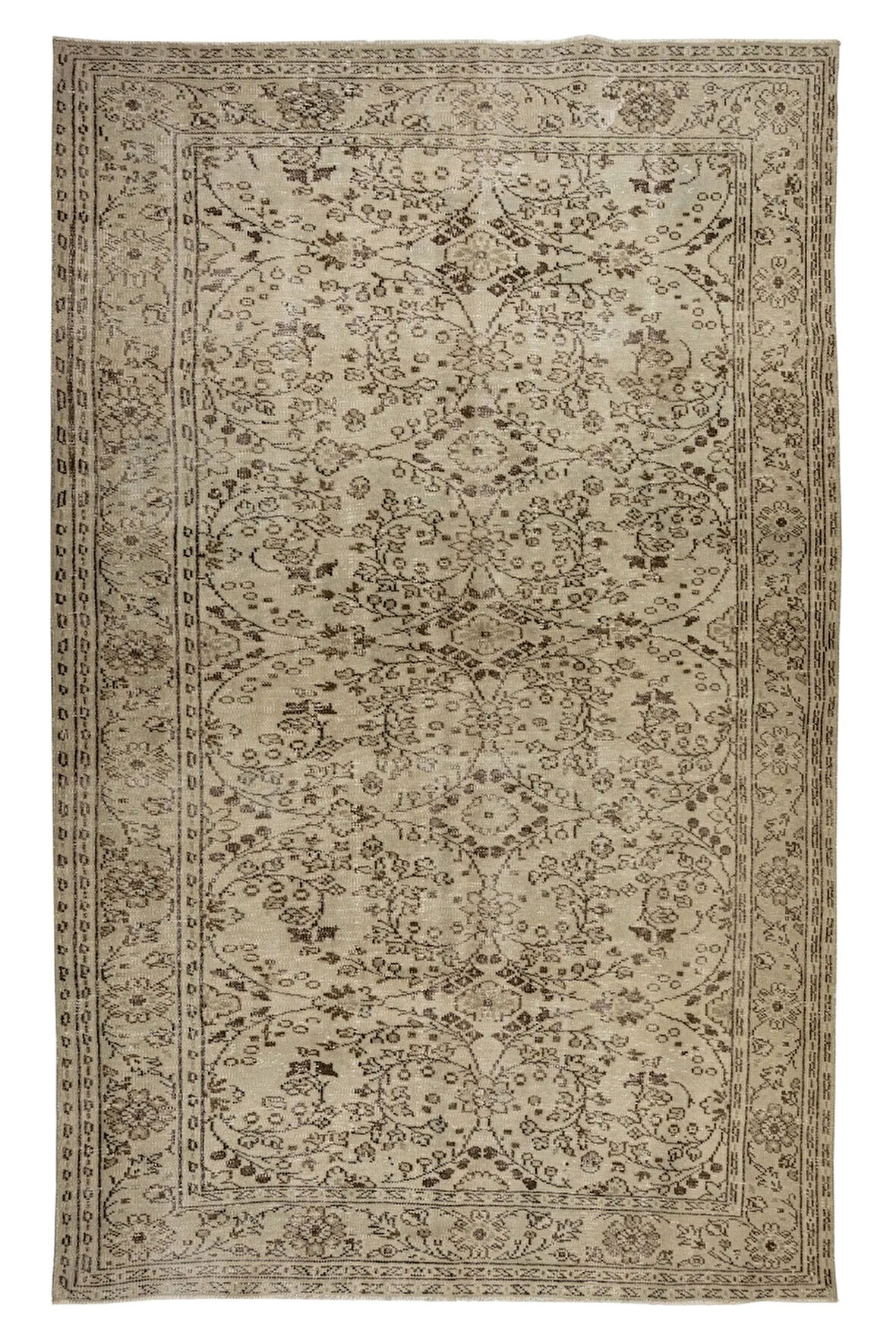 193x305 cm 1960lı Yıllarda Yapılmış Eski Çiçek Desenli El Dokuma Uşak Halısı, Yaşlı El Düğümlü Halı