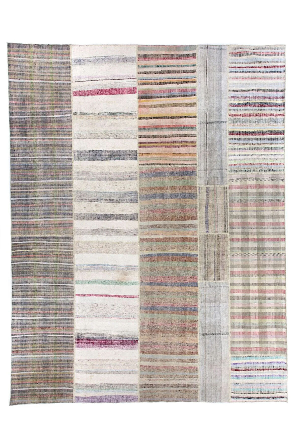 380x500 cm Eski Dekoratif El Dokuması Kilim, %100 Pamuk Çaput, Büyük Ölçü ve Çizgi Desenli Kilim
