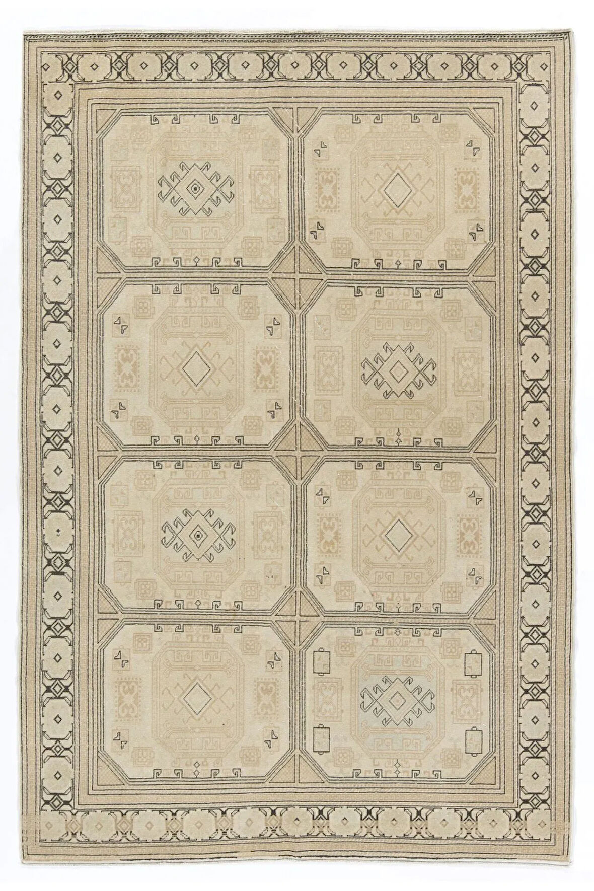 148x224 cm Nötr Renklerle Eşsiz El Düğümlü Türk Uşak Halı, Eski El Yapımı Alan Halısı