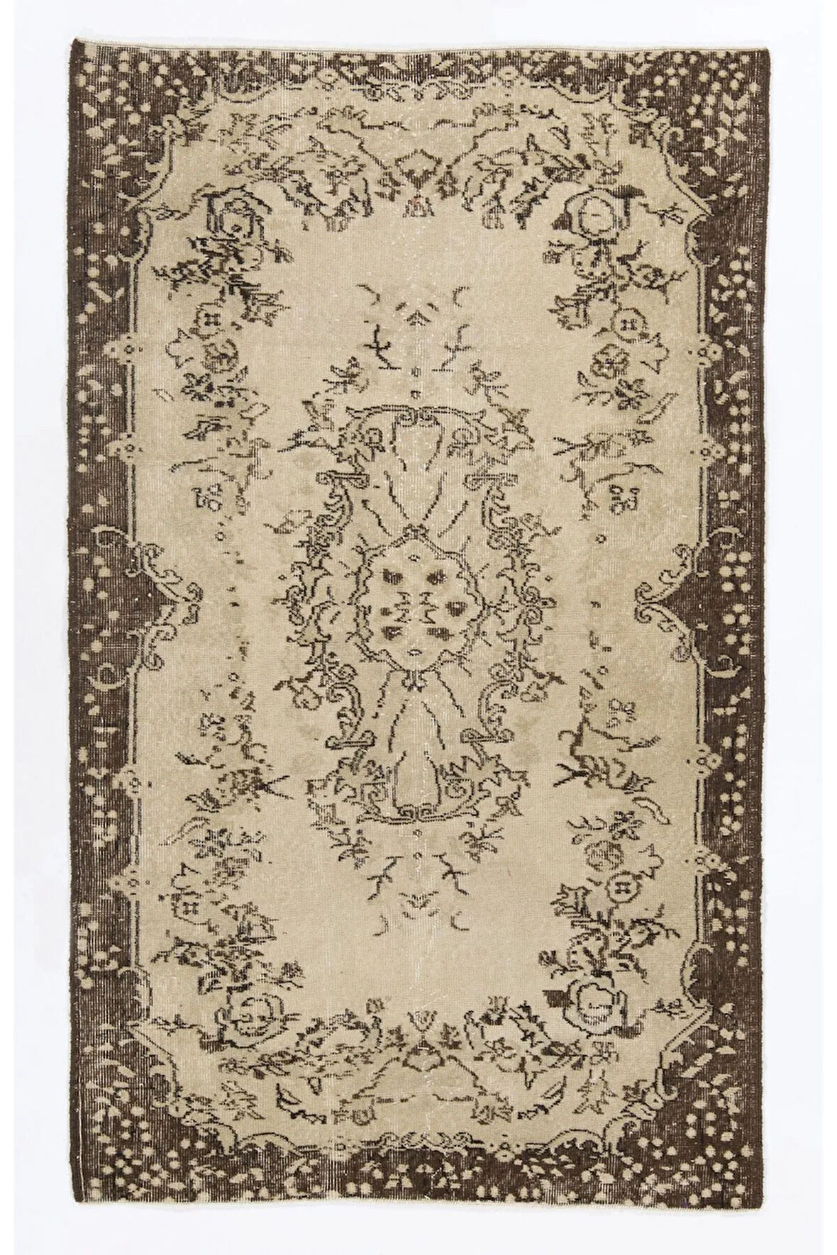 123x205 cm Eski El Düğümlü Çiçek Madalyonlu Türk Halısı, El Yapımı Halı