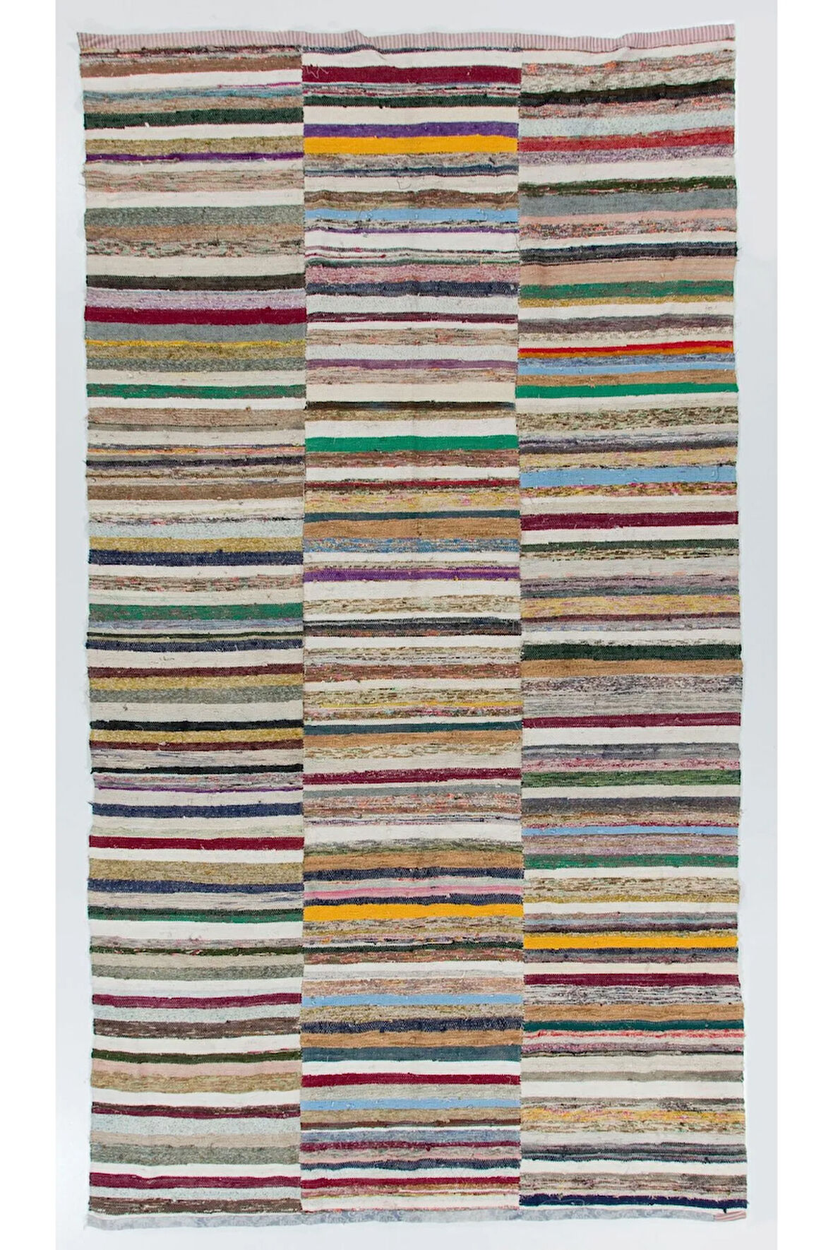190x345 cm Çok Renkli Eski El Dokuması Kilim, %100 Pamuk, Geleneksel Çaput Kilim