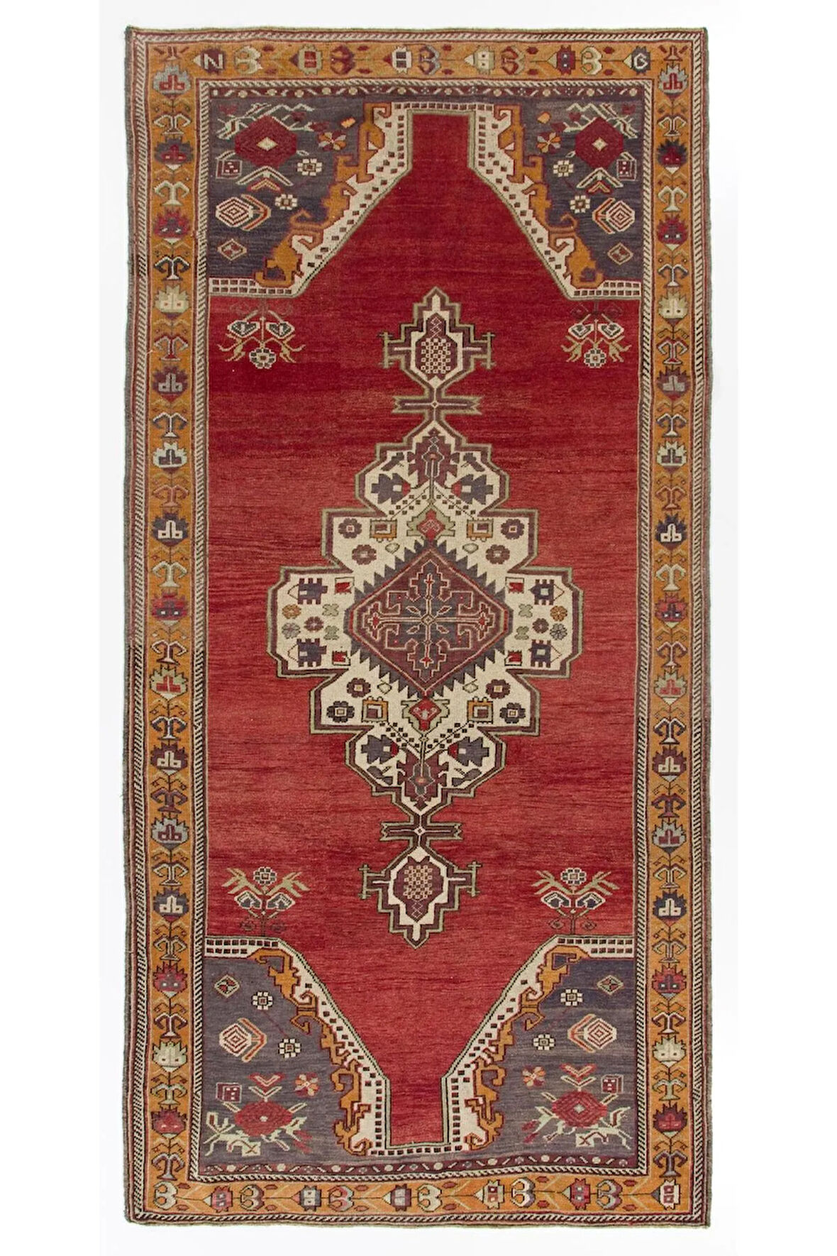 174x359 cm Geleneksel Kırmızı ve Mavi Renklerinde Eşsiz Eski El Yapımı Türk Halısı