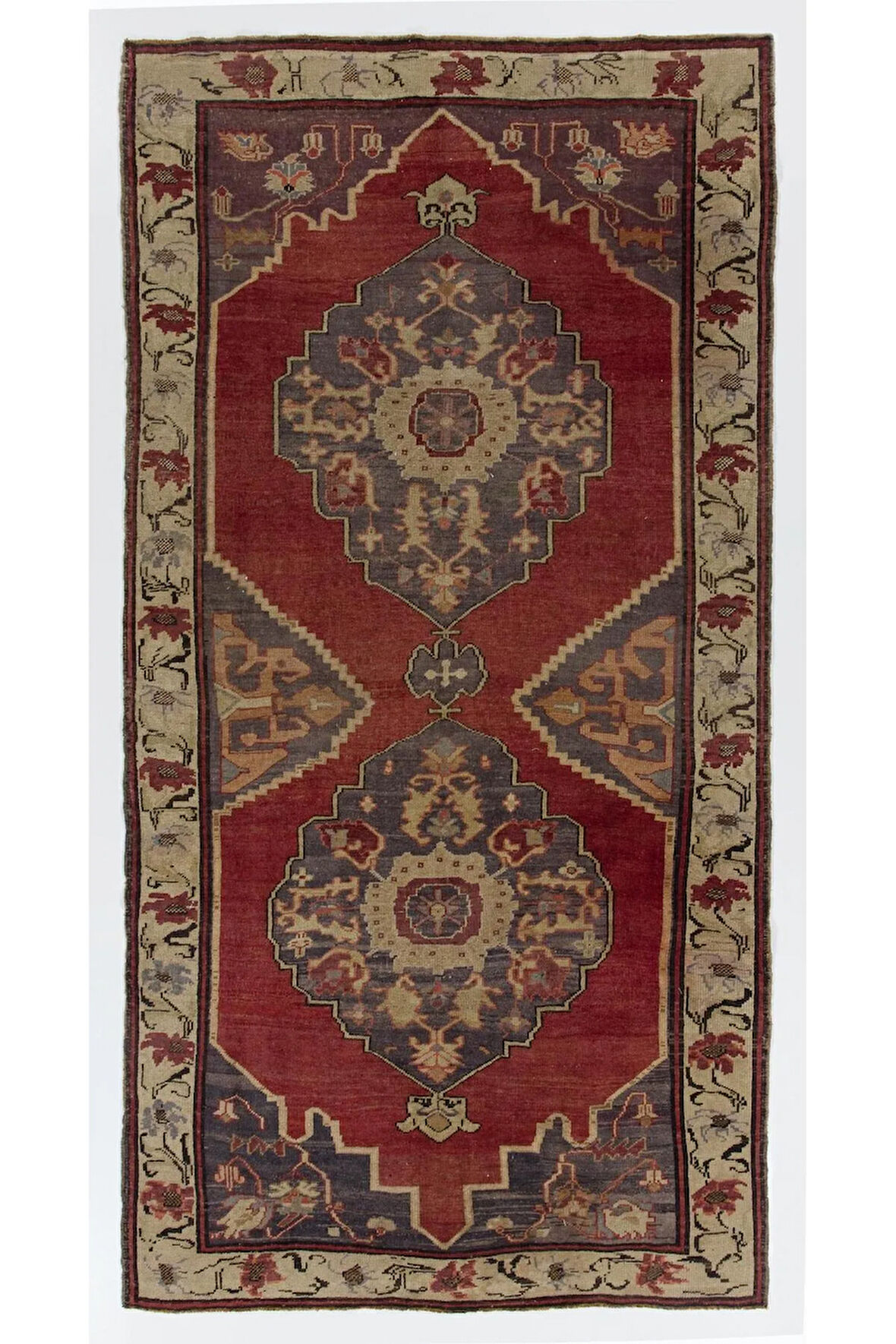 156x310 cm El Dokuması Köy'de Yapılmış Eski Halı. %100 Yün. Kırmızı, Gri, Bej